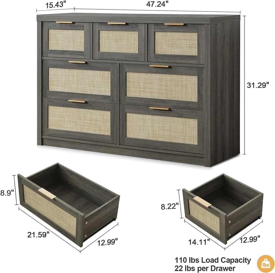 Rattan Hallway Console Sideboard/Tallboy Storage Cabinet Dresser Midnight Oak