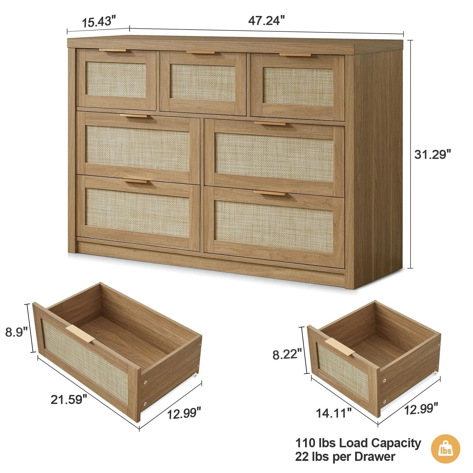 Rattan Hallway Console Sideboard/Tallboy Storage Cabinet Dresser Weathered Oak