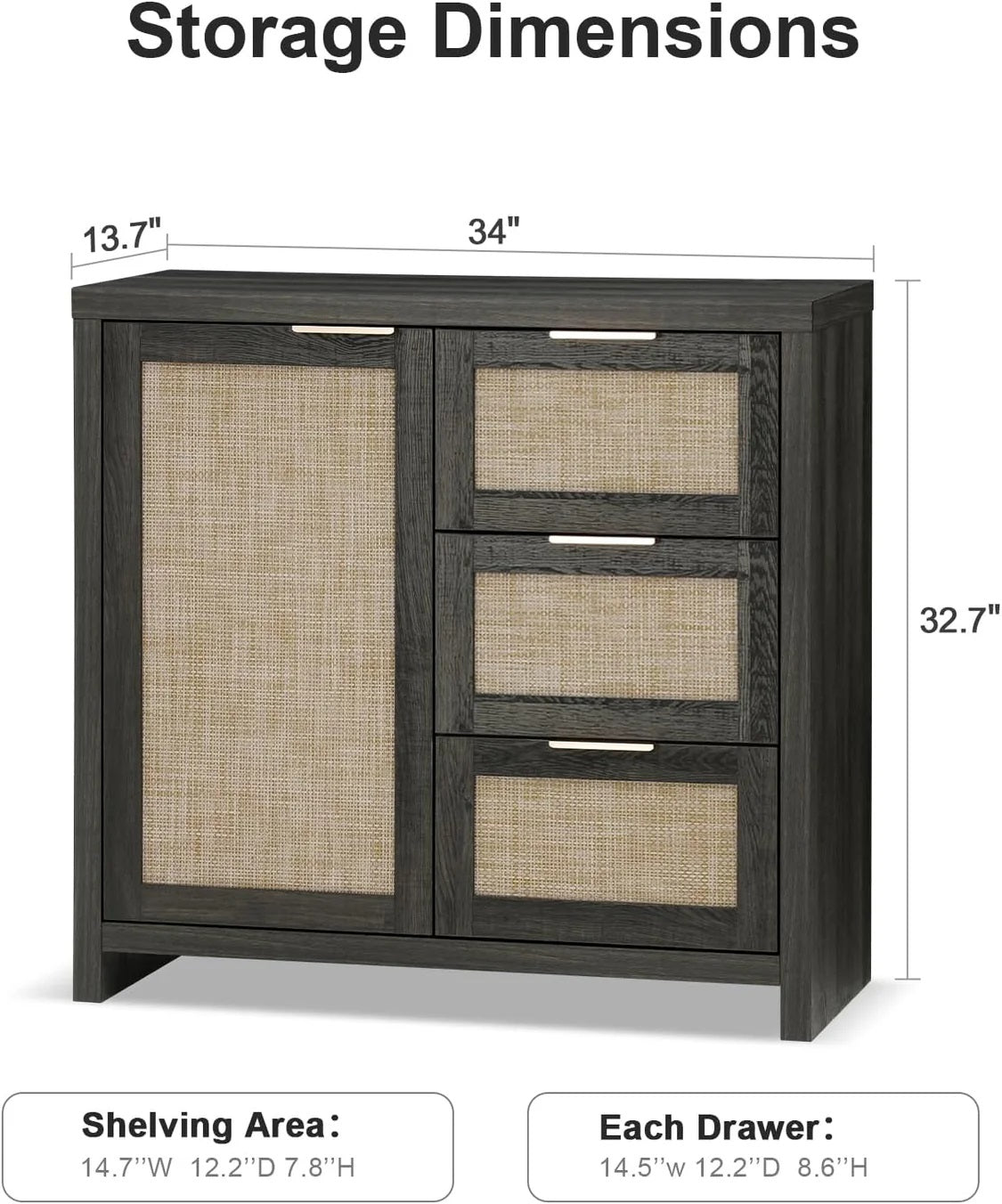 Hampstead Hallway Console Cabinet/Sideboard/Accent Cabinet with Rattan Drawers Midnight Oak