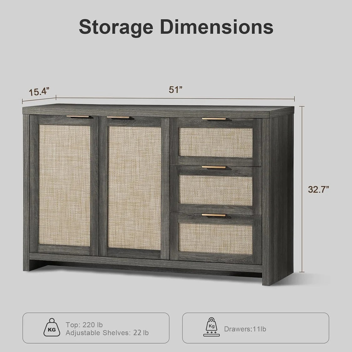 Rattan Dresser Tallboy Storage Cabinet/Buffet Sideboard/Hallway Table Midnight Oak