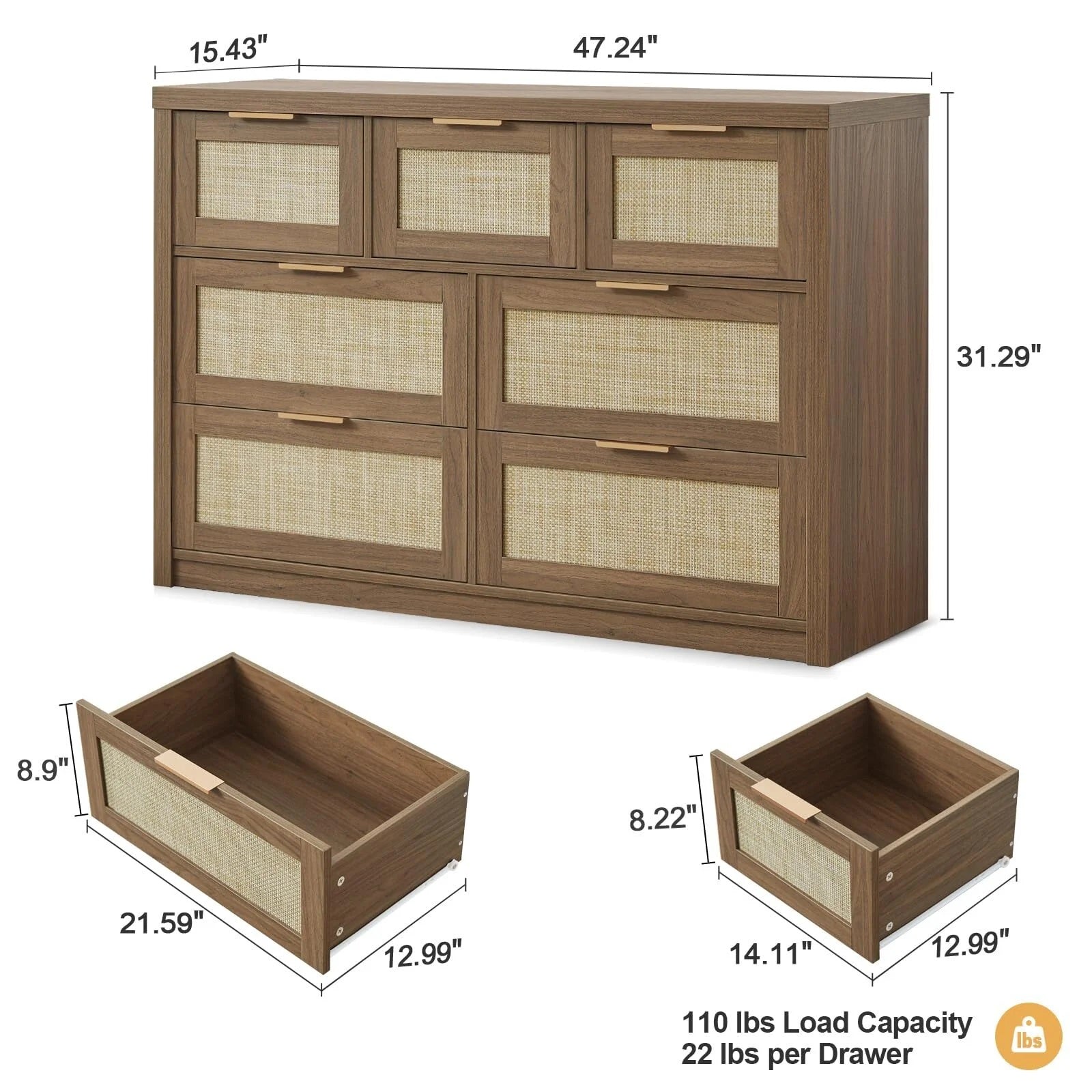 Rattan Hallway Console Sideboard/Tallboy Storage Cabinet Dresser Walnut
