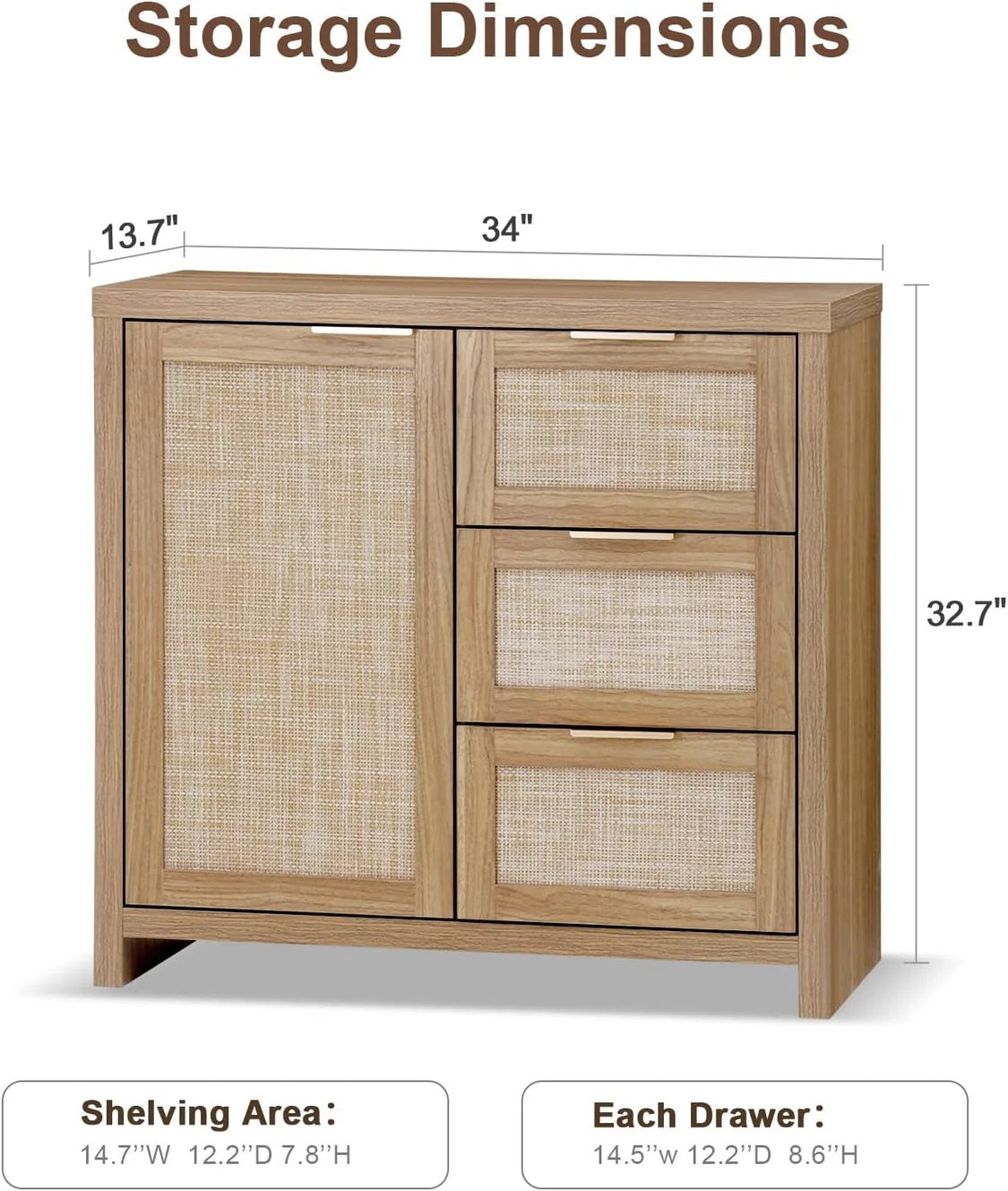 Hampstead Storage Cabinet/Hallway Console Table/Sideboard/Accent Cabinet with Rattan Drawers Midnight Oak Weathered Oak