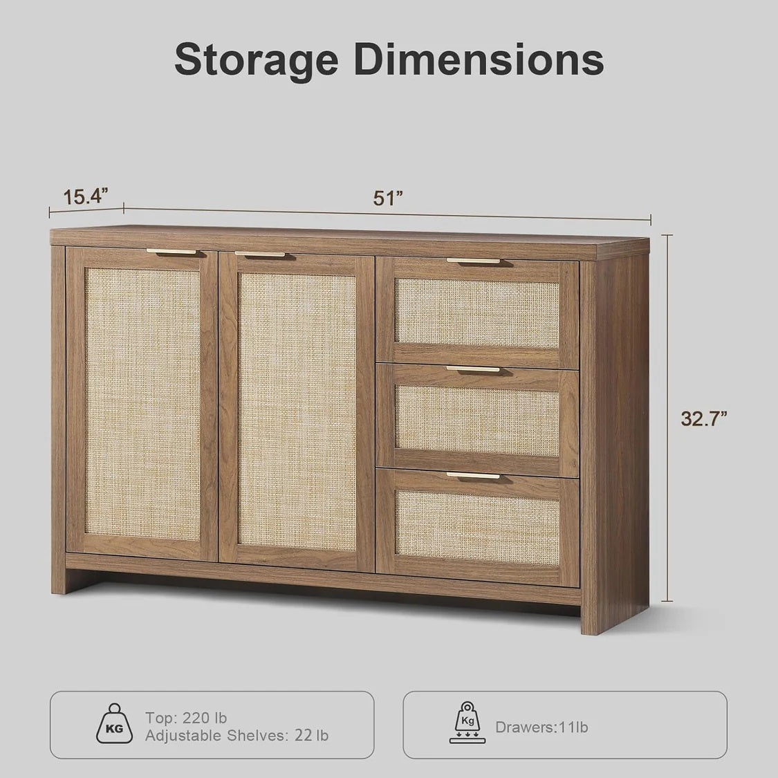 Rattan Dresser Tallboy Storage Cabinet/Buffet Sideboard/Hallway Table Walnut