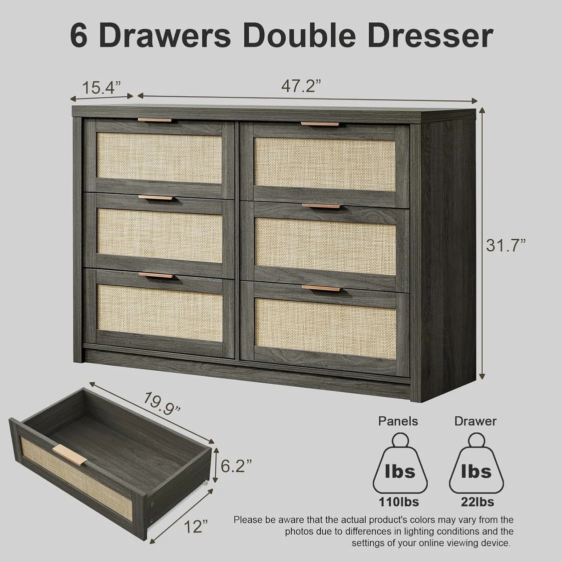 Tallboy Hallway Console Table/Rattan Storage Sideboard Chest of Drawers Midnight Oak