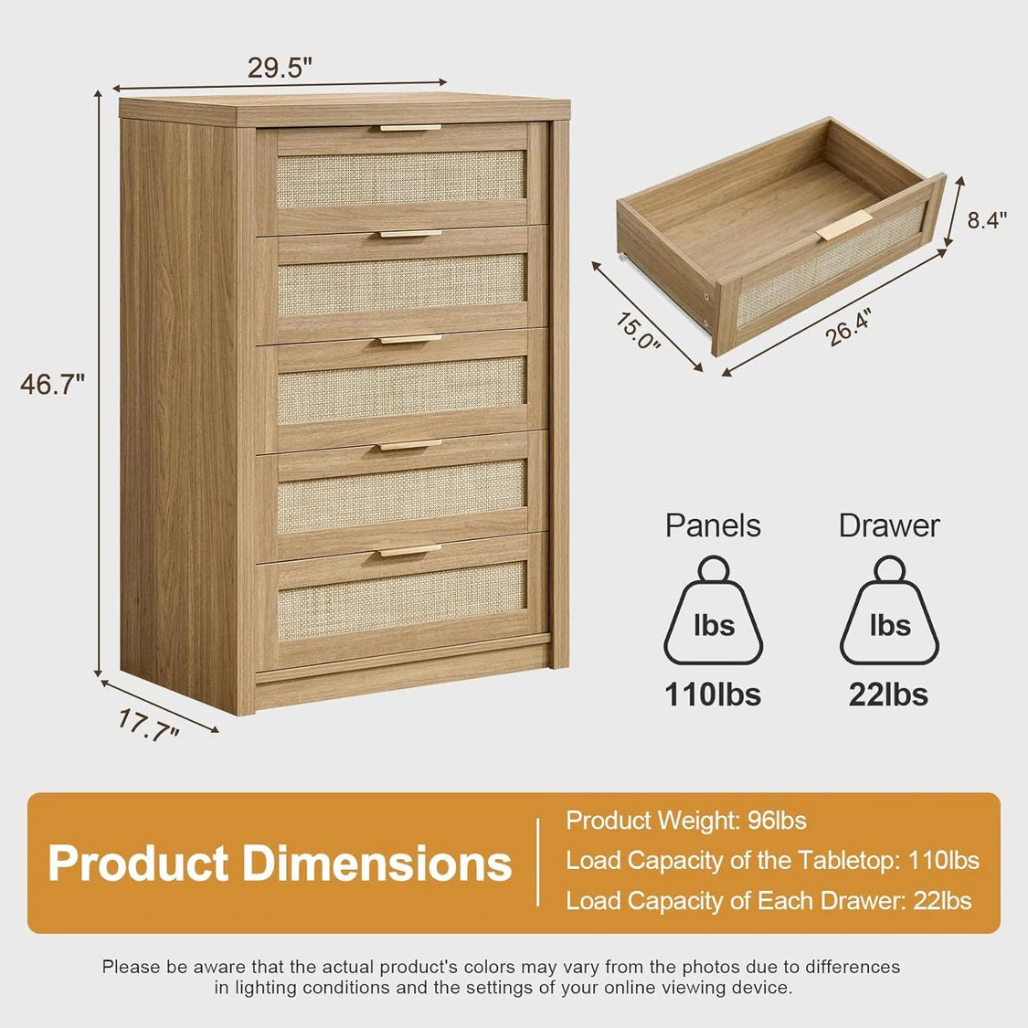 5 Drawers Dresser Tallboy Storage Cabinet/Rattan Drawers/Hallway Console Table Weathered Oak