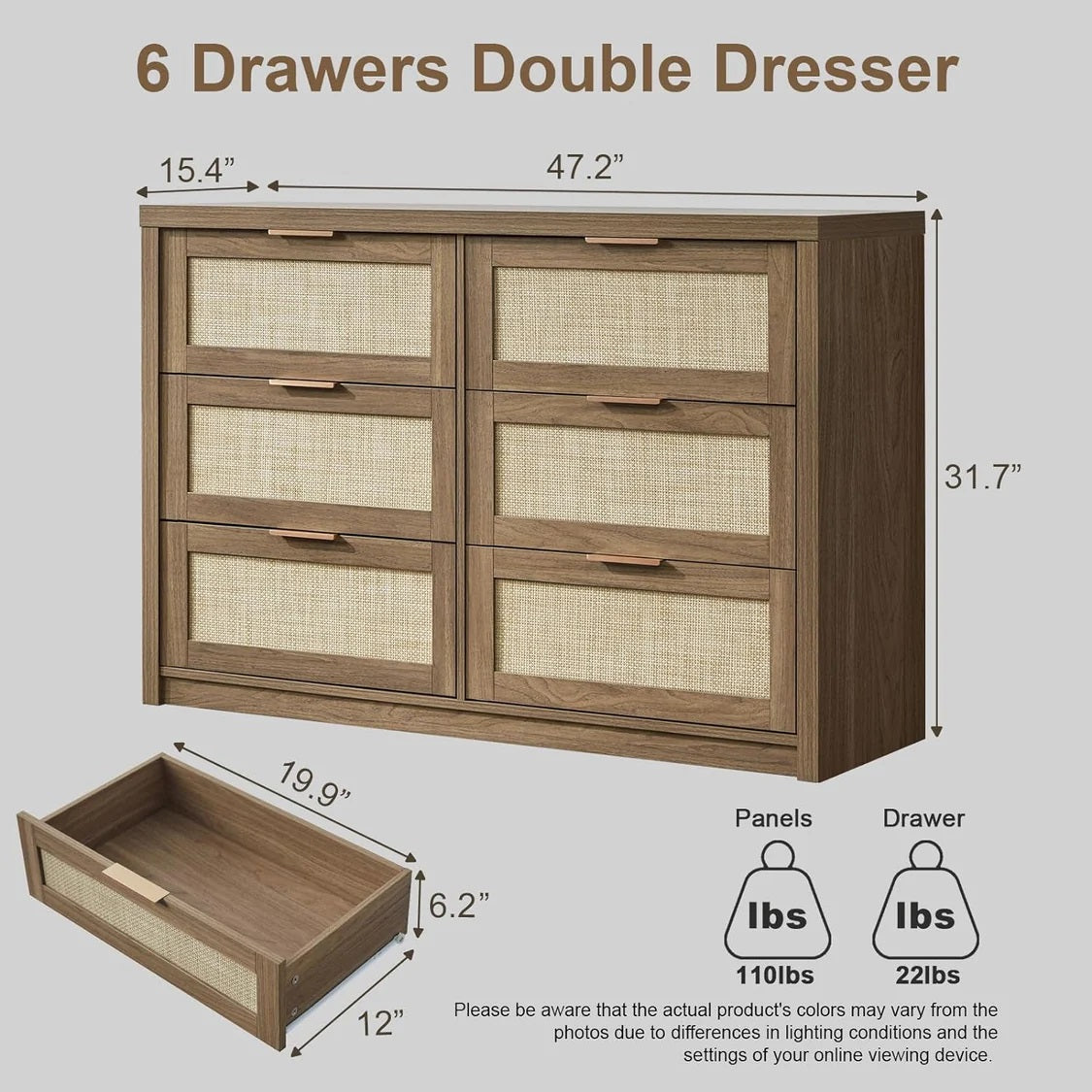 Tallboy Hallway Console Table/Rattan Storage Sideboard Chest of Drawers Walnut