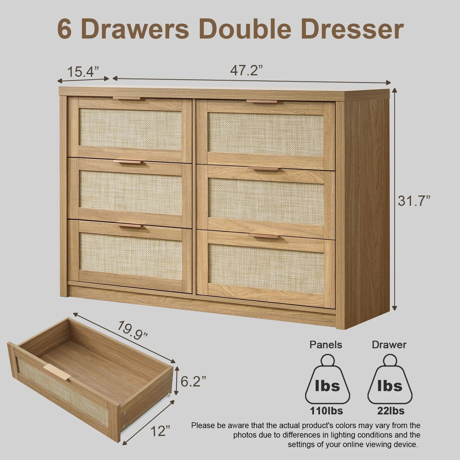 Tallboy Hallway Console Table/Rattan Storage Sideboard Chest of Drawers Weathered Oak