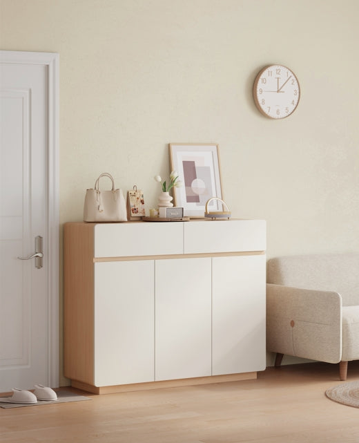 White Minimalist Storage Shoe Cabinet with Adjustable Shelves/Timber Shoe Organizer