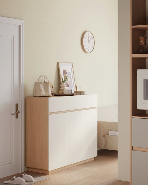 White Minimalist Storage Shoe Cabinet with Adjustable Shelves/Timber Shoe Organizer