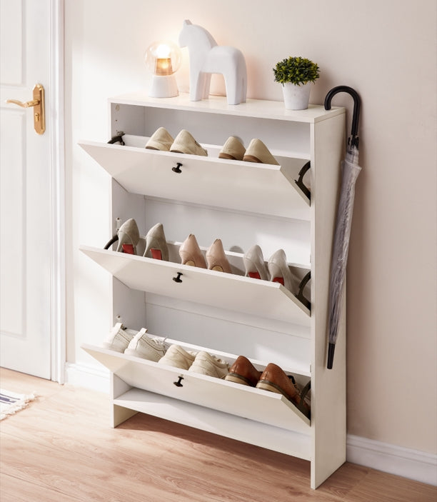 Ultra-Thin Flip-Down White Shoe Cabinet/Space-Saving Entryway Storage Cabinet