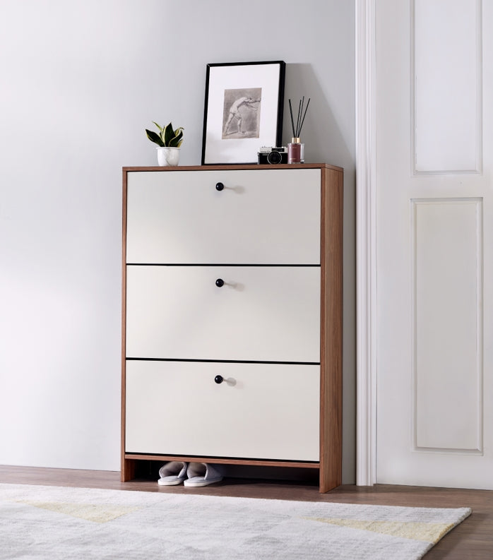 Ultra-Thin Flip-Down Walnut Shoe Cabinet/Space-Saving Entryway Storage Cabinet