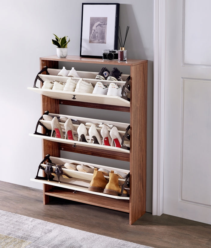 Ultra-Thin Flip-Down Walnut Shoe Cabinet/Space-Saving Entryway Storage Cabinet