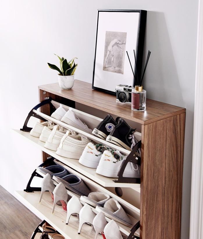 Ultra-Thin Flip-Down Walnut Shoe Cabinet/Space-Saving Entryway Storage Cabinet