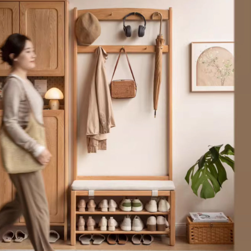 Matilda 60cm/80cm FAS-Graded Solid American Oak Wood Entryway Shoe Cabinet/Shoe Changing Stool with Coat Hooks For Home