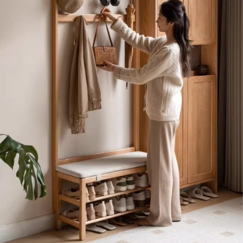 Matilda 60cm/80cm FAS-Graded Solid American Oak Wood Entryway Shoe Cabinet/Shoe Changing Stool with Coat Hooks For Home