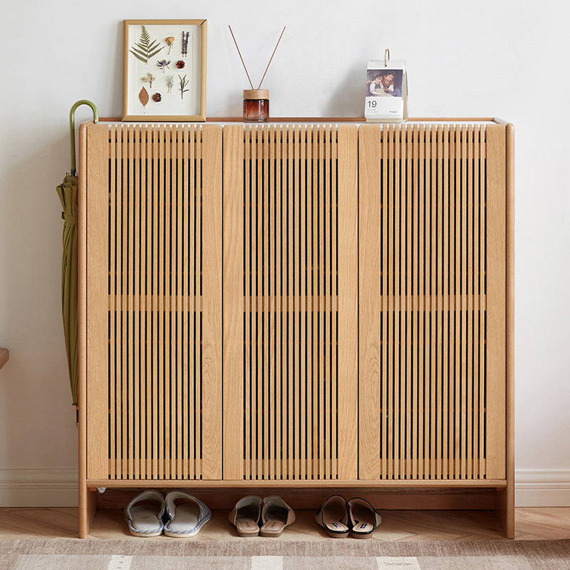 Rhys 110cm Solid Ash Wood 3-Door Slatted Shoe Cabinet with Ceramic Top Natural Wood Color