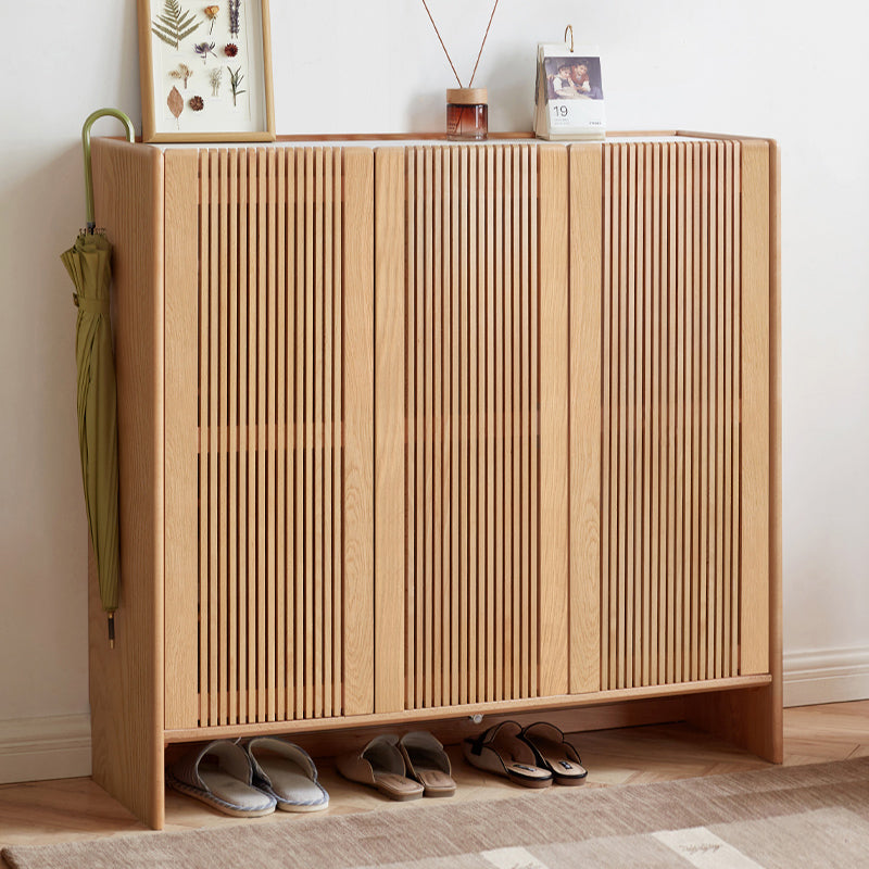 Rhys 110cm Solid Ash Wood 3-Door Slatted Shoe Cabinet with Ceramic Top Natural Wood Color