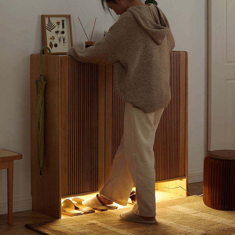 Rhys 110cm Solid Ash Wood 3-Door Slatted Shoe Cabinet with Ceramic Top Natural Wood Color