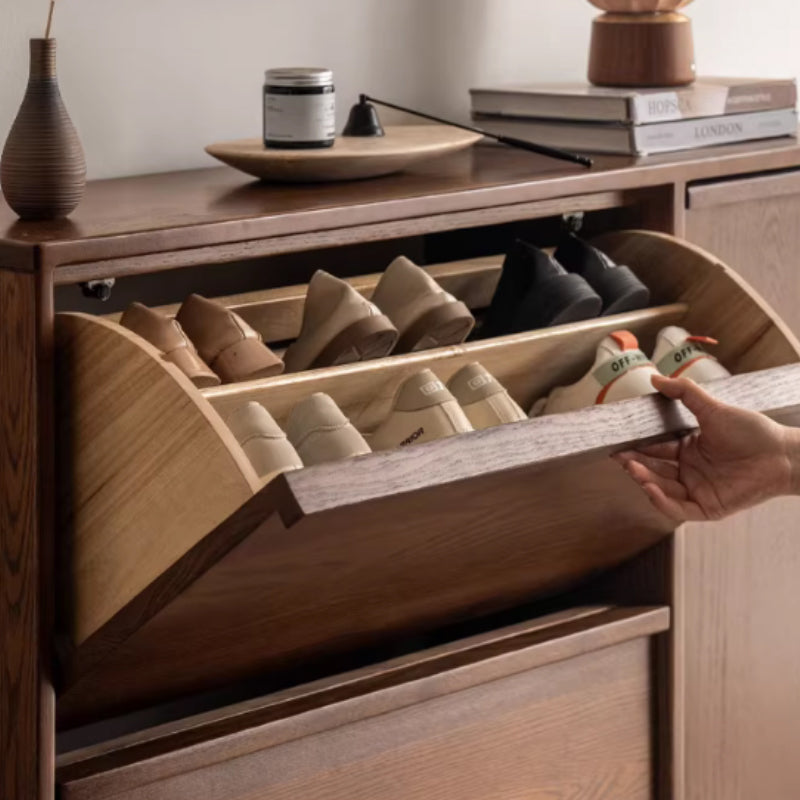 Josie 80cm/120cm FAS-Graded Solid Oak Wood Ultra-Thin Flip-Down Shoe Cabinet/Space-Saving Entryway Storage Cabinet