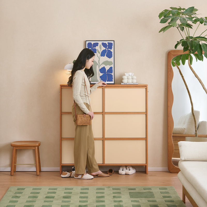 Vincenza 65cm/120cm FAS-Graded Solid Cherry Wood Ultra-thin Entryway Shoe Cabinet Natural Wood & White Color