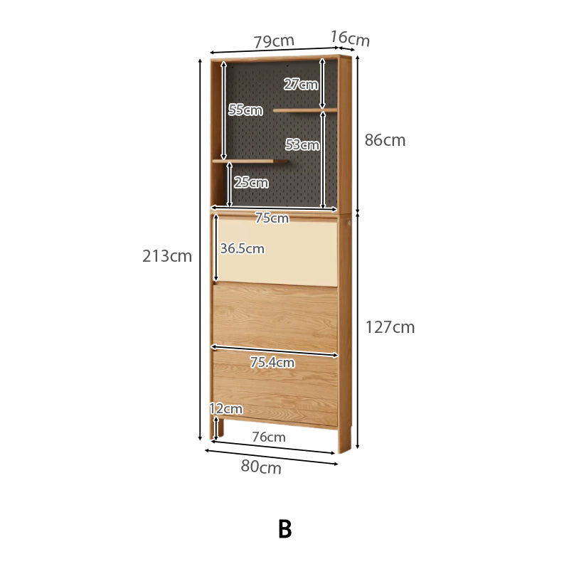 Virgil 80cm FAS-Graded Solid American Oak Wood Three-Door Shoe Cabinet/Ultra-thin Entryway Shoe Cabinet with Pegboard