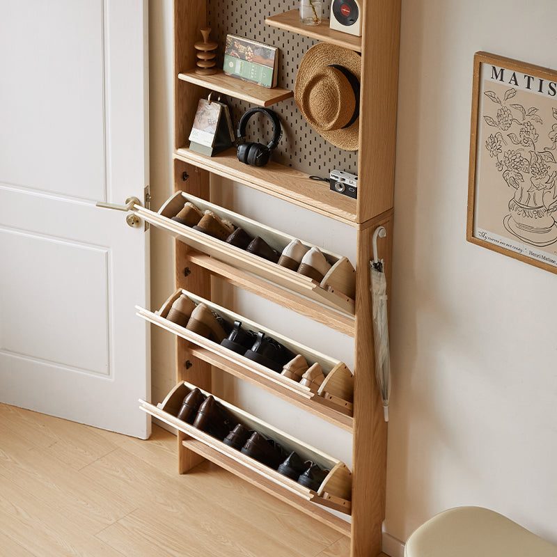 Virgil 80cm FAS-Graded Solid American Oak Wood Three-Door Shoe Cabinet/Ultra-thin Entryway Shoe Cabinet with Pegboard
