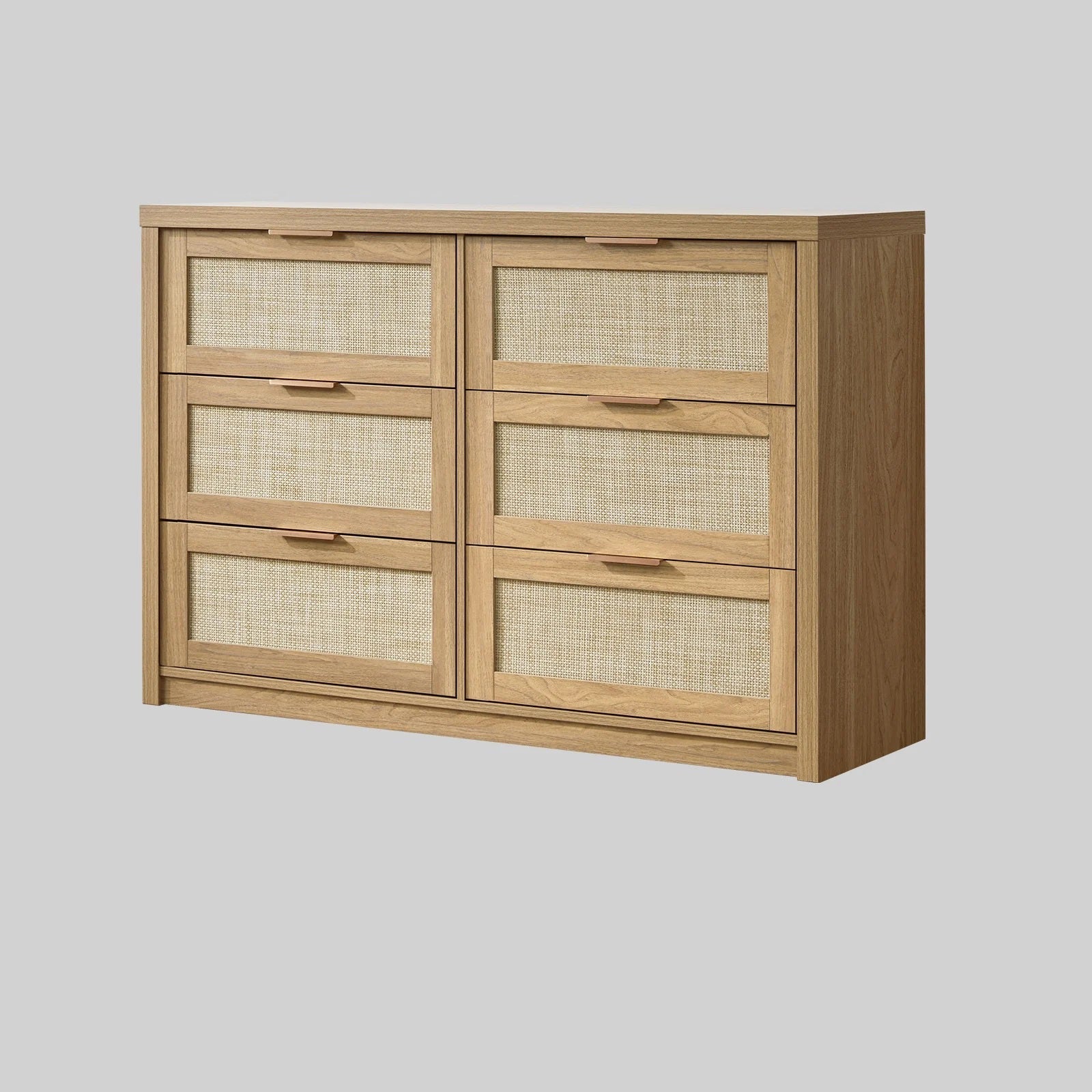 Tallboy Hallway Console Table/Rattan Storage Sideboard Chest of Drawers Weathered Oak