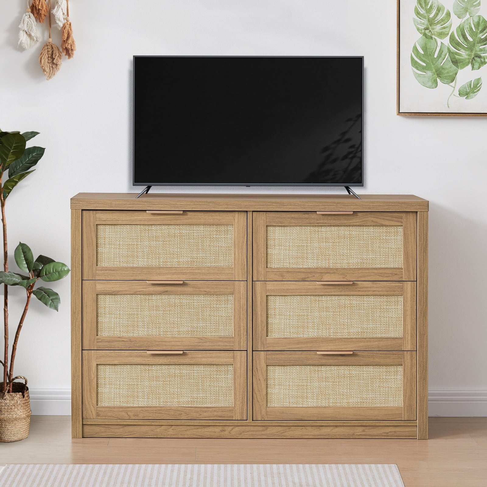 Tallboy Hallway Console Table/Rattan Storage Sideboard Chest of Drawers Weathered Oak