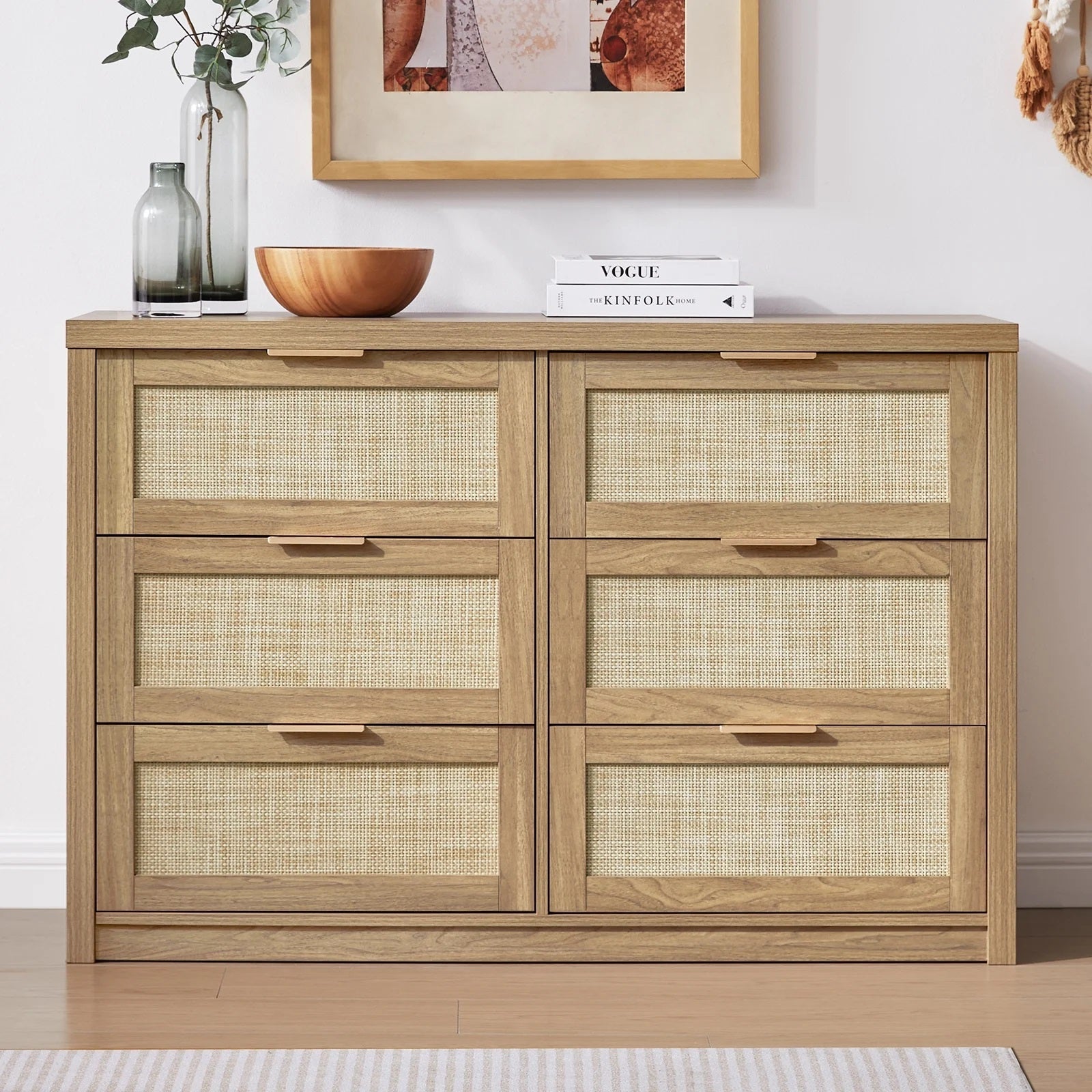 Tallboy Hallway Console Table/Rattan Storage Sideboard Chest of Drawers Weathered Oak