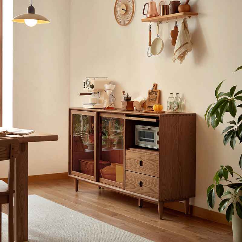 A-Class American Oak Walnut Color Buffet Table/Sideboard Tempered Glass Sliding Doors