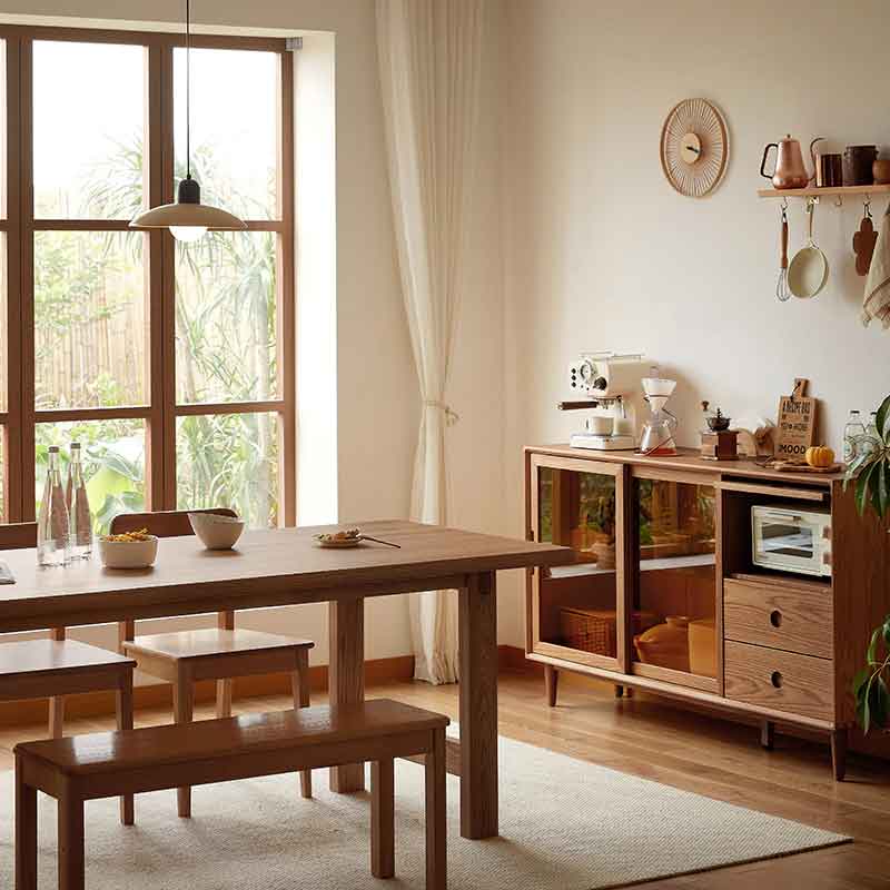 A-Class American Oak Walnut Color Buffet Table/Sideboard Tempered Glass Sliding Doors