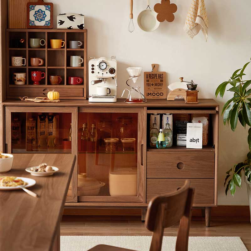 A-Class American Oak Walnut Color Buffet Table/Sideboard Tempered Glass Sliding Doors