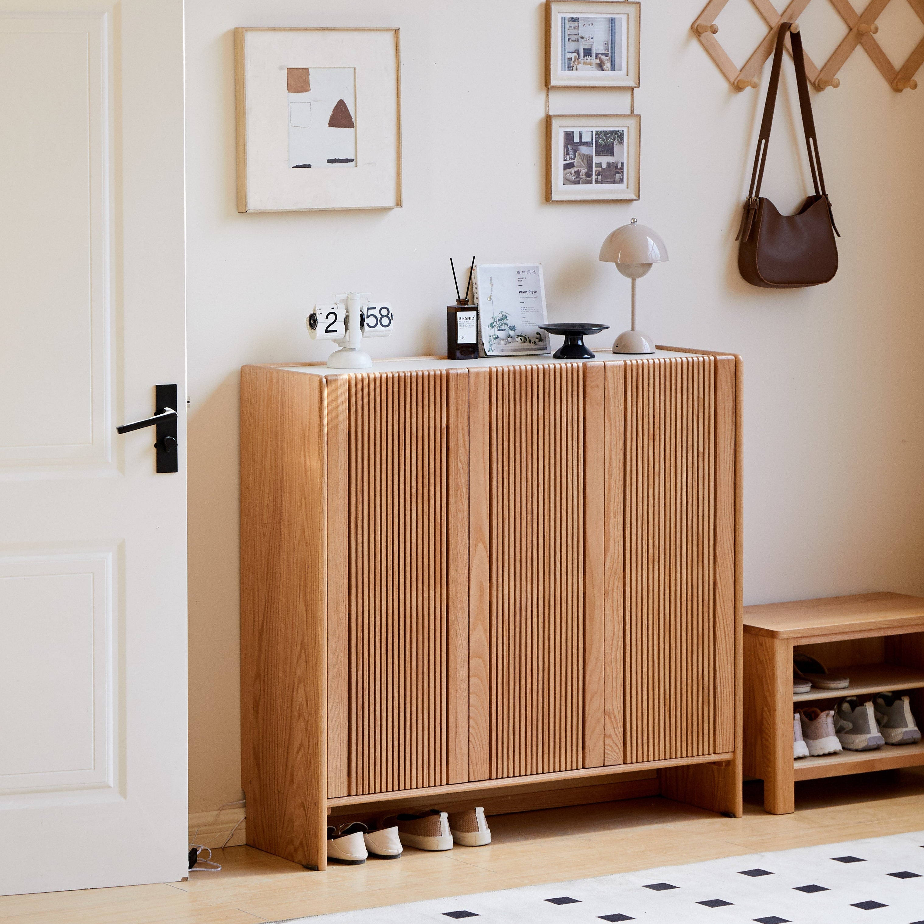 Rhys FAS-Graded Solid American Oak 3-Door Slatted Shoe Cabinet with Ceramic Top