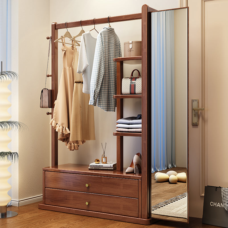 Solidwood Coat Rack With Mirror And Drawers In Walnut Colour