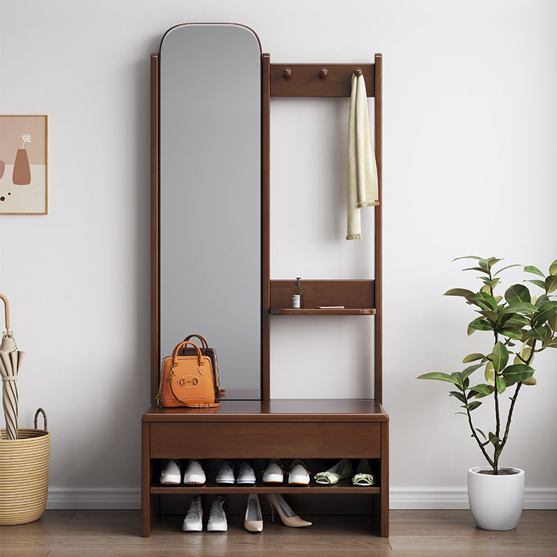 Solidwood Coat Rack With Shoe Bench & Mirror In Walnut Colour/Entrance Hanger