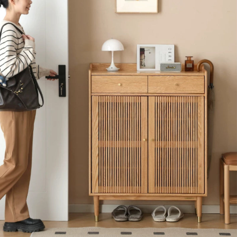 Zain 80cm FAS-Graded Solid American Oak Wood Slatted Shoe Cabinet With Drawer Natural Wood Color