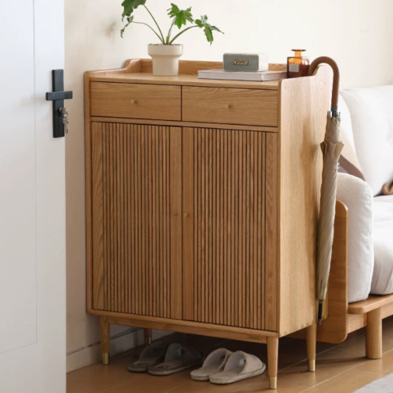 Zain 80cm FAS-Graded Solid American Oak Wood Slatted Shoe Cabinet With Drawer Natural Wood Color