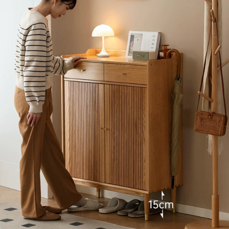 Zain 80cm FAS-Graded Solid American Oak Wood Slatted Shoe Cabinet With Drawer Natural Wood Color