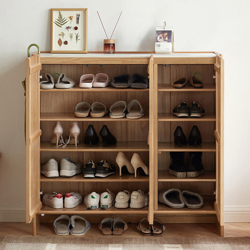 Rhys 110cm Solid Ash Wood 3-Door Slatted Shoe Cabinet with Ceramic Top Natural Wood Color
