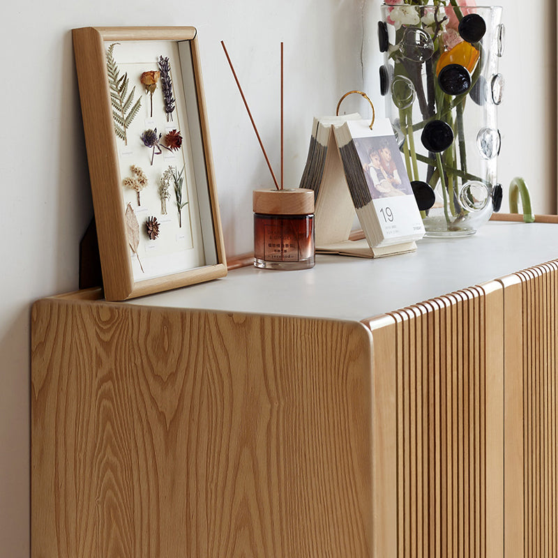 Rhys 110cm Solid Ash Wood 3-Door Slatted Shoe Cabinet with Ceramic Top Natural Wood Color