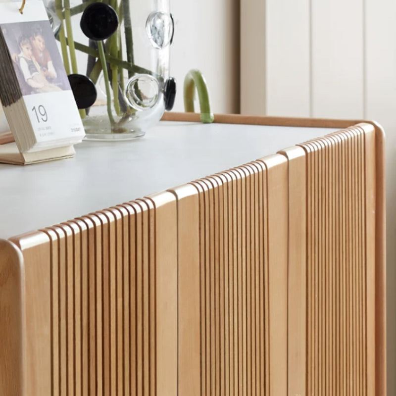 Rhys 110cm Solid Ash Wood 3-Door Slatted Shoe Cabinet with Ceramic Top Natural Wood Color