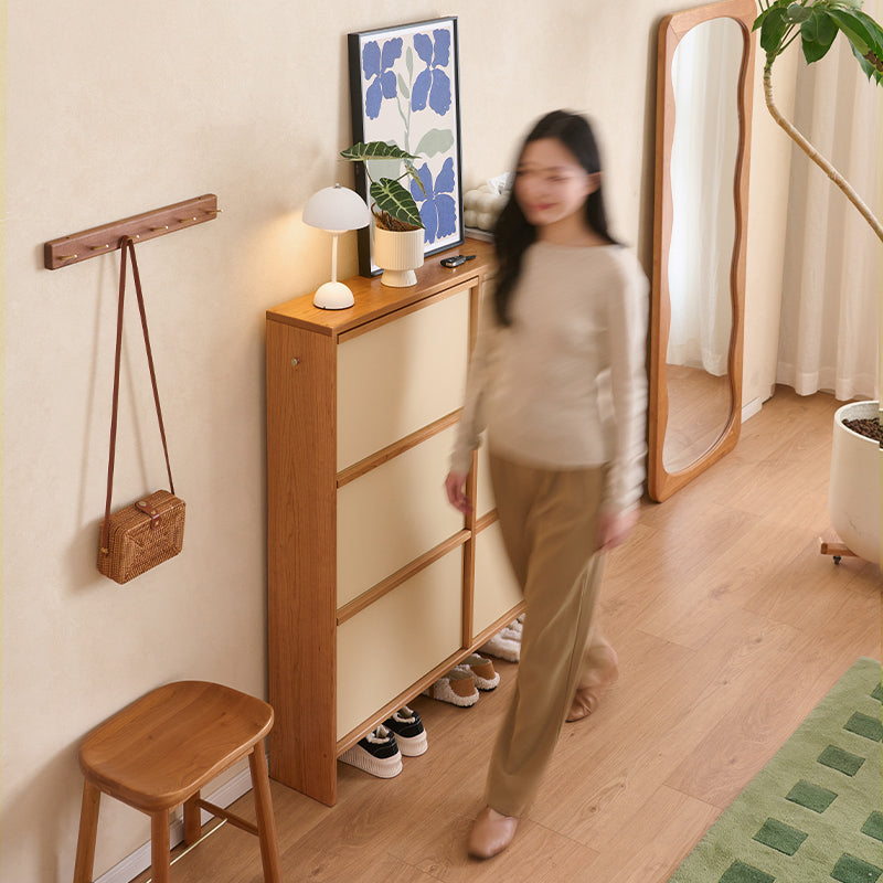 Vincenza 65cm/120cm FAS-Graded Solid Cherry Wood Ultra-thin Entryway Shoe Cabinet Natural Wood & White Color